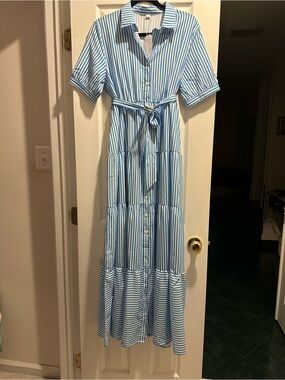 Striped Blue Maxi Shirt Dress with Tie Waist